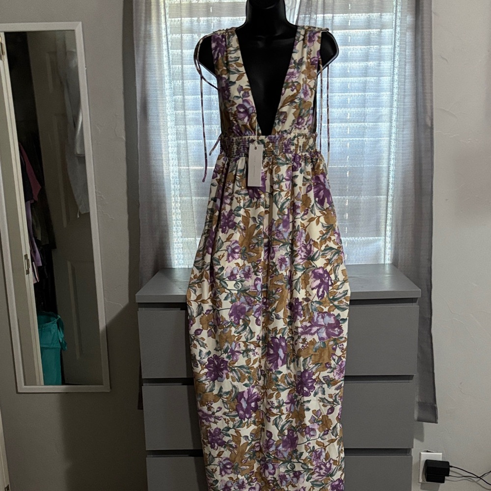 Lush Sleeveless Floral Maxi Dress in Purple and Gold on Cream